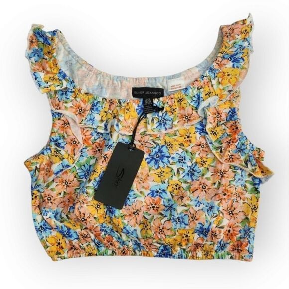 Silver Jeans Other - Silver Jeans Co Girls Youth Floral Pink Orange Blue Ruffled Crop Tank Top Size L